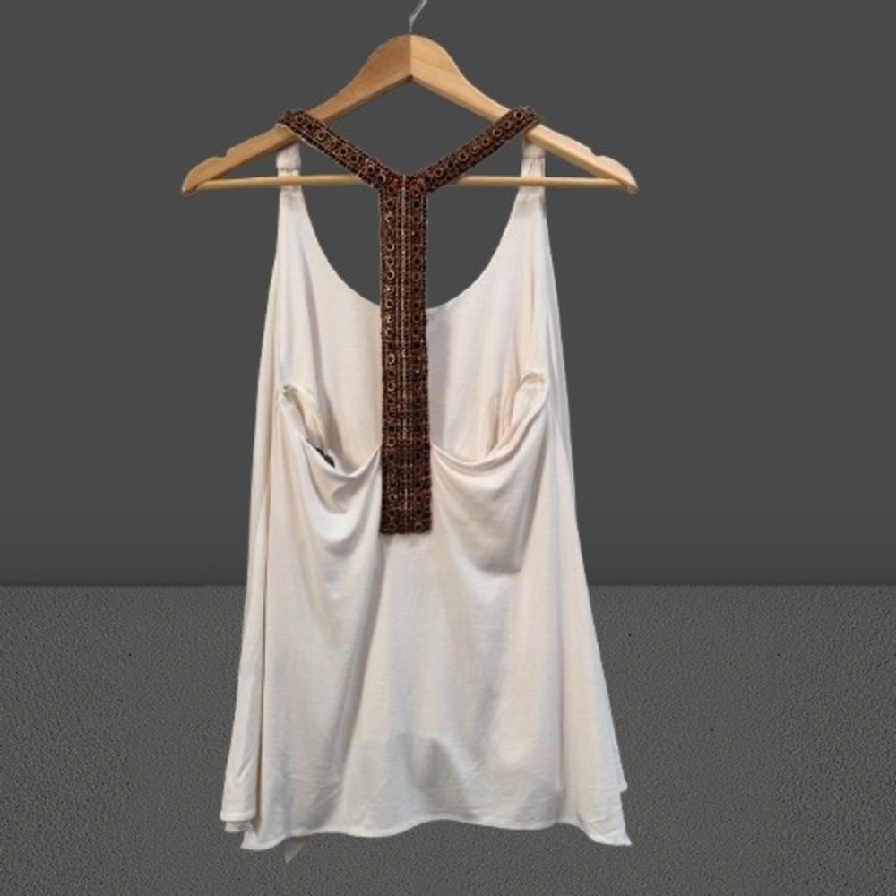 NEW Sky Beltran Cream Embellished T-Back Tank Top Bronze Beaded Large - Picture 3 of 4